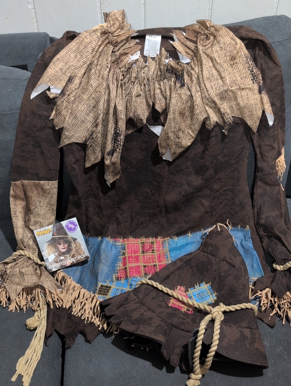 Adult Small Brown Scarecrow Costume with Patchwork Details